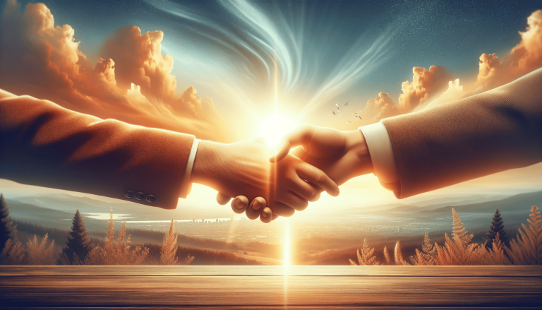 Handshake against vibrant sky, glowing sun and scenic landscape.