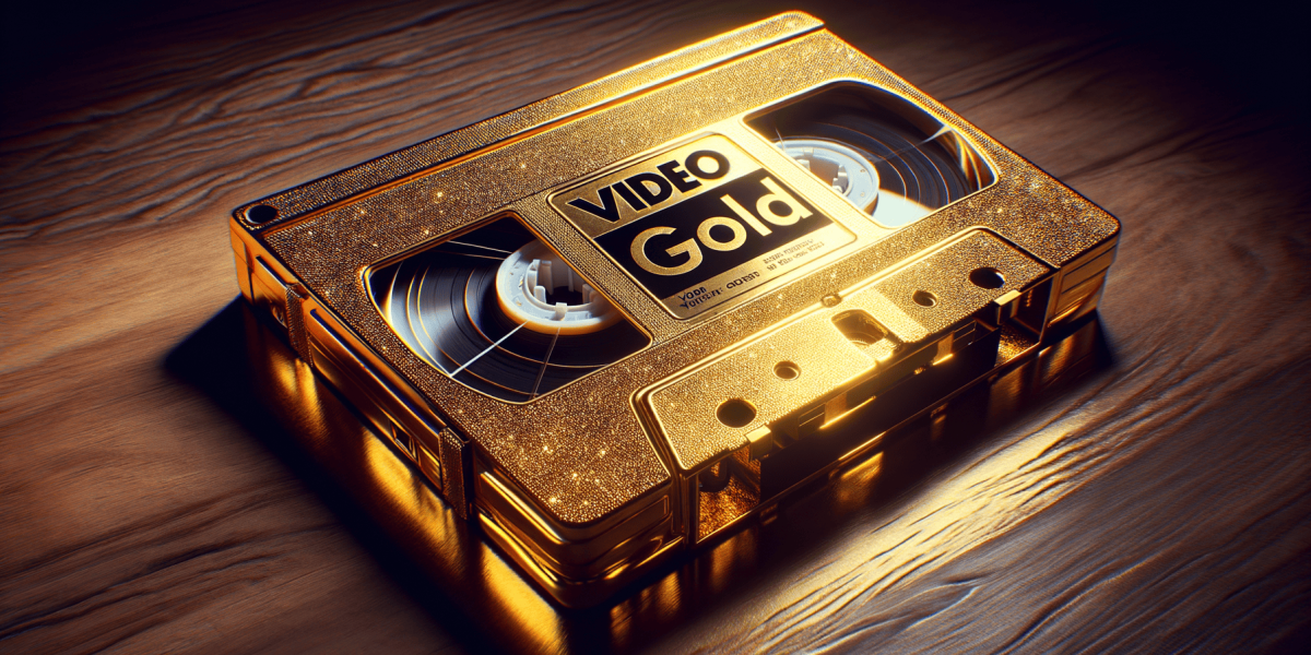 Golden 'VIDEO Gold' VHS tape on wooden surface.