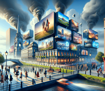 Futuristic cityscape with digital billboards and canal.