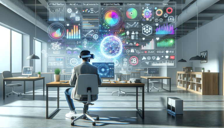 Person in VR headset interacting with holographic data visualisations.