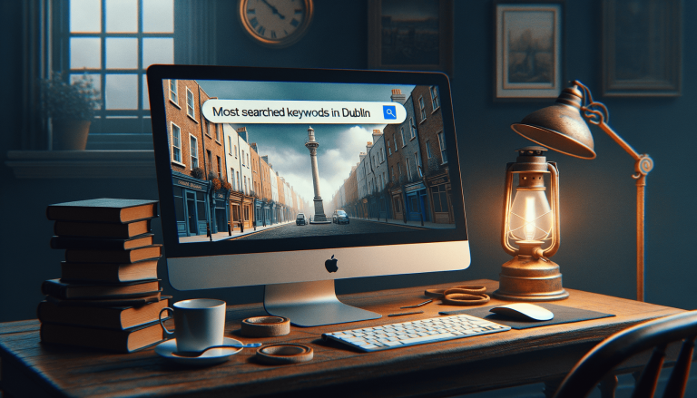 Desktop computer showing Dublin street search results with books and lamp.