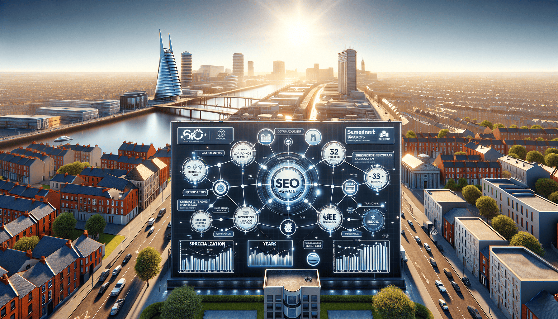 Futuristic cityscape with SEO technology infographic display.