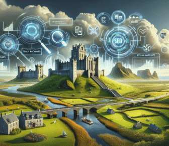 Fantasy castle with digital SEO elements above.