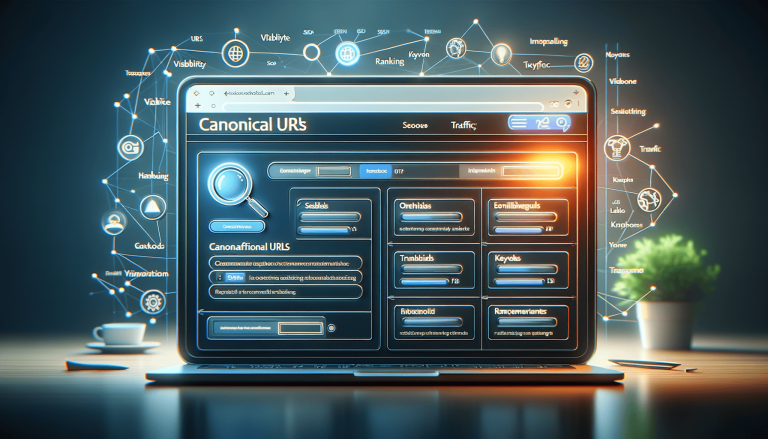 Laptop displaying Canonical URLs website with connected SEO network.