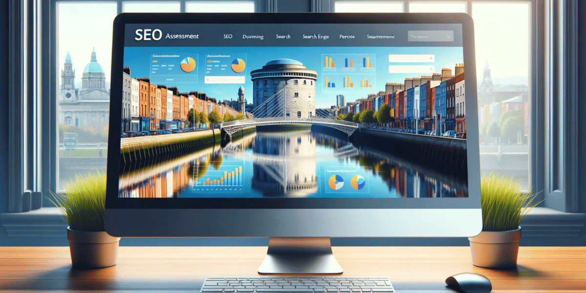 SEO assessment on desktop screen, urban background.