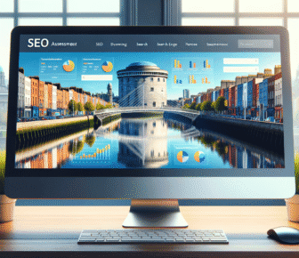 SEO assessment on desktop screen, urban background.