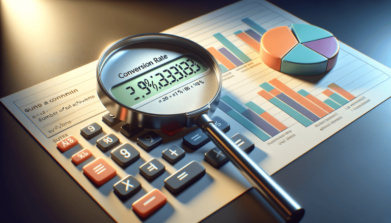 Magnifying glass highlights conversion rate on calculator, with business charts.