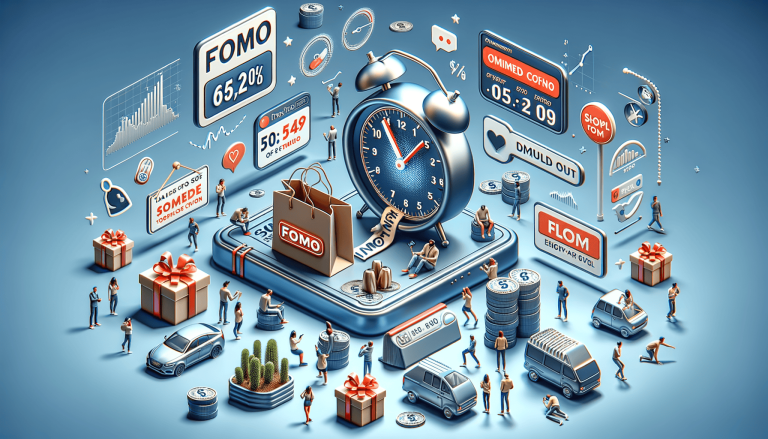 Digital consumerism scene with FOMO, alarm clock, and tiny shoppers.