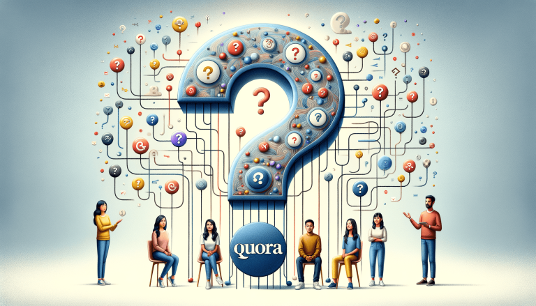 Quora logo, people, large question mark, and network of questions.