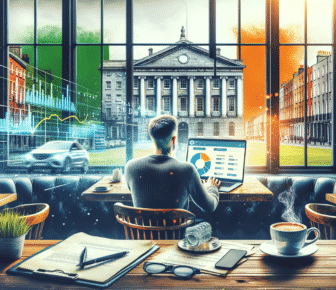 Person analysing data with cityscape view.