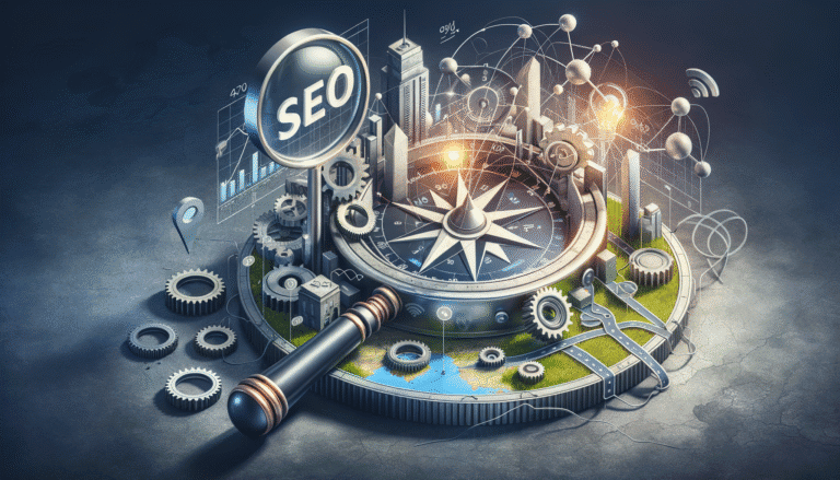 Detailed 3D render: SEO compass, city, gears, analytics, and network.