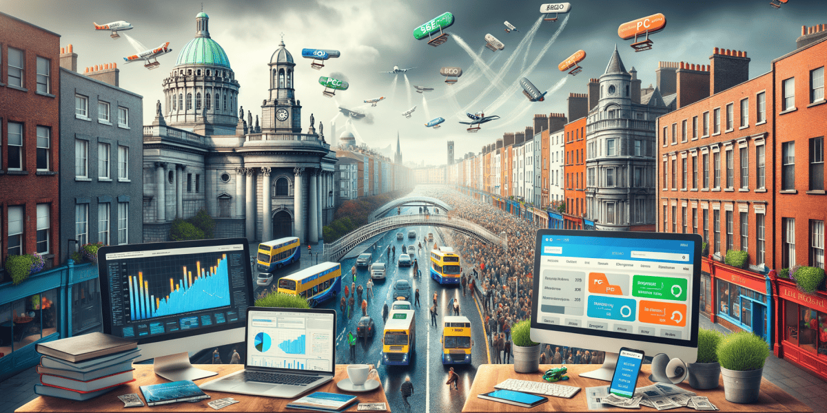 Digital cityscape with technology and transportation symbols.