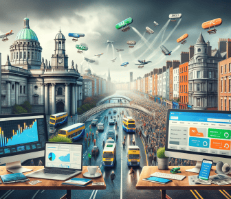 Digital cityscape with technology and transportation symbols.