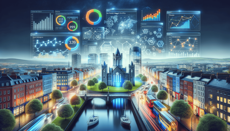 Futuristic city with holographic data displays and charts overlay.