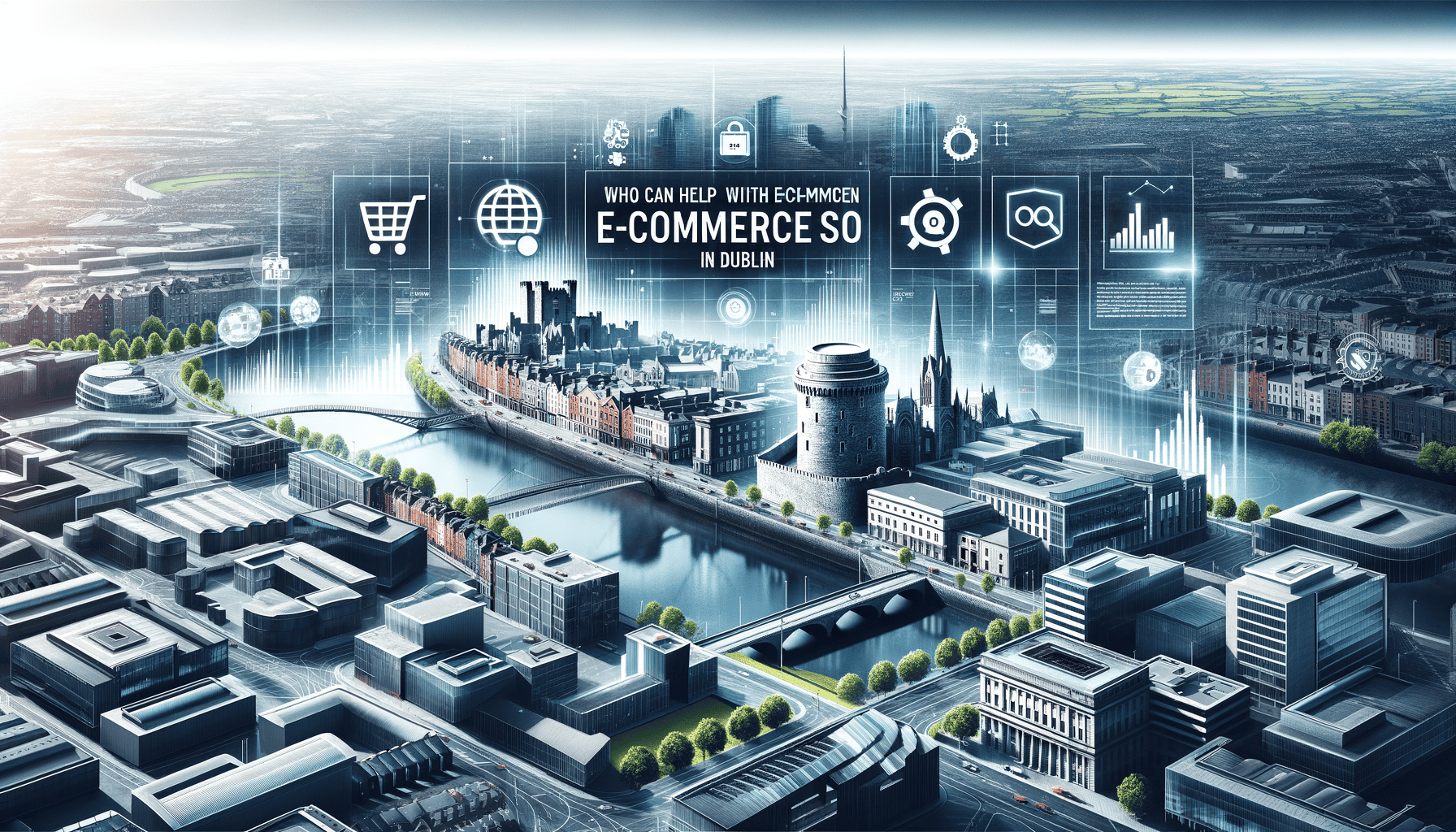 Dublin cityscape with e-commerce icons overlay.
