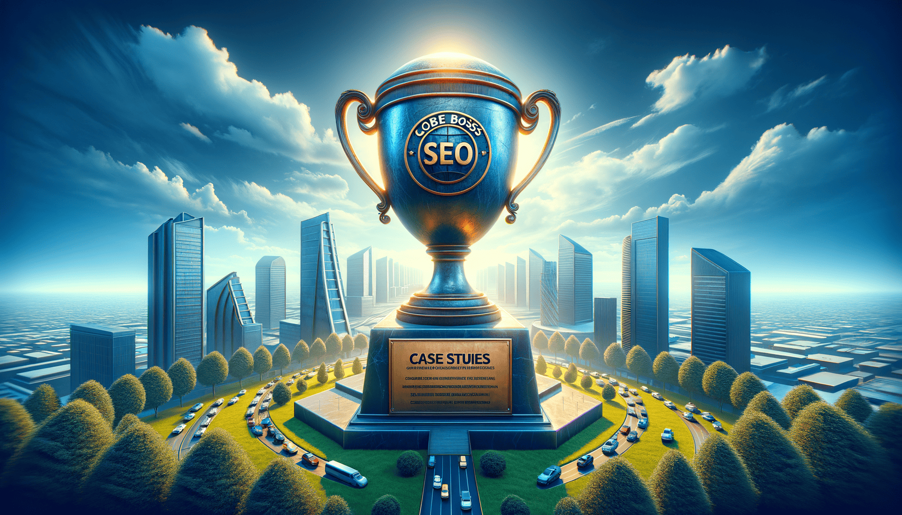 SEO trophy with skyscrapers in the background