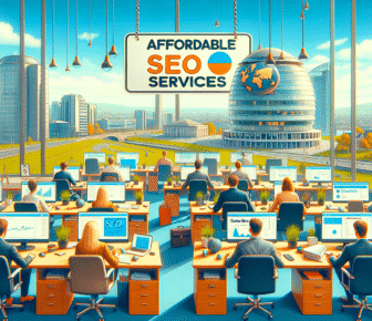 Office workers at desks with skyline view.