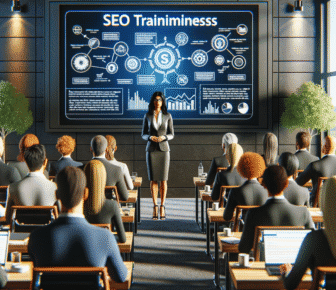 Business presentation on SEO strategies in modern conference room.