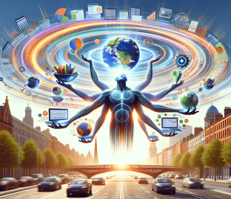 Digital transformation concept with urban landscape and technology.