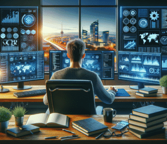 Man analysing data on multiple monitors in office.