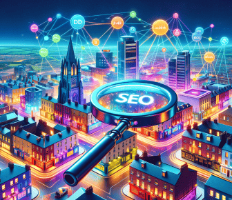 Magnifying glass over city with SEO nodes connected.