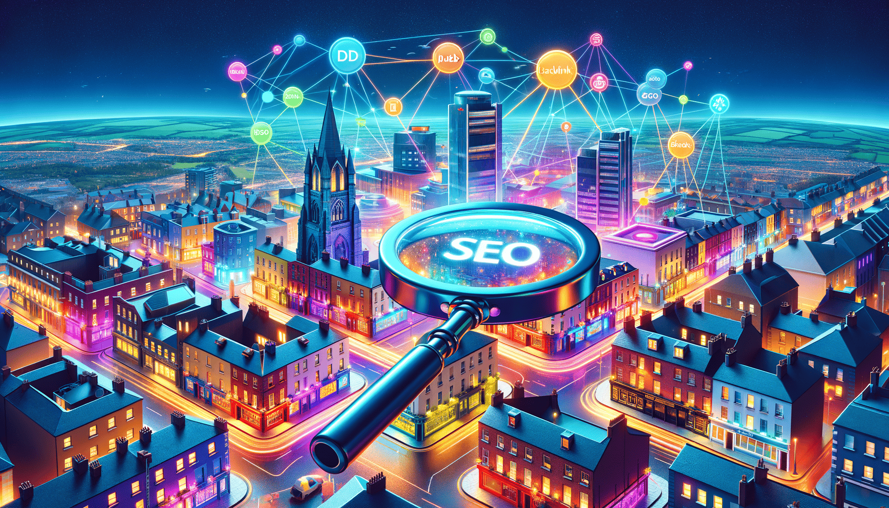 Magnifying glass over city with SEO nodes connected.