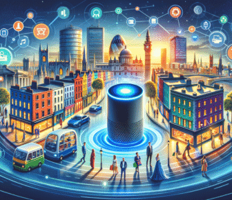 Futuristic smart city with AI and technology icons.