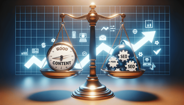 Justice scales: 'Good Content' against 'Poor SEO'.