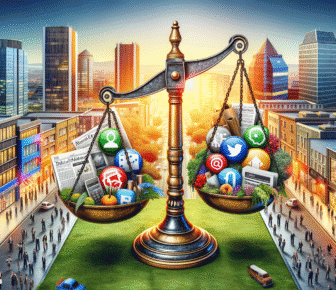 Scales balancing digital and traditional media symbols.