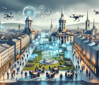 Futuristic city with drones and technology interactions.