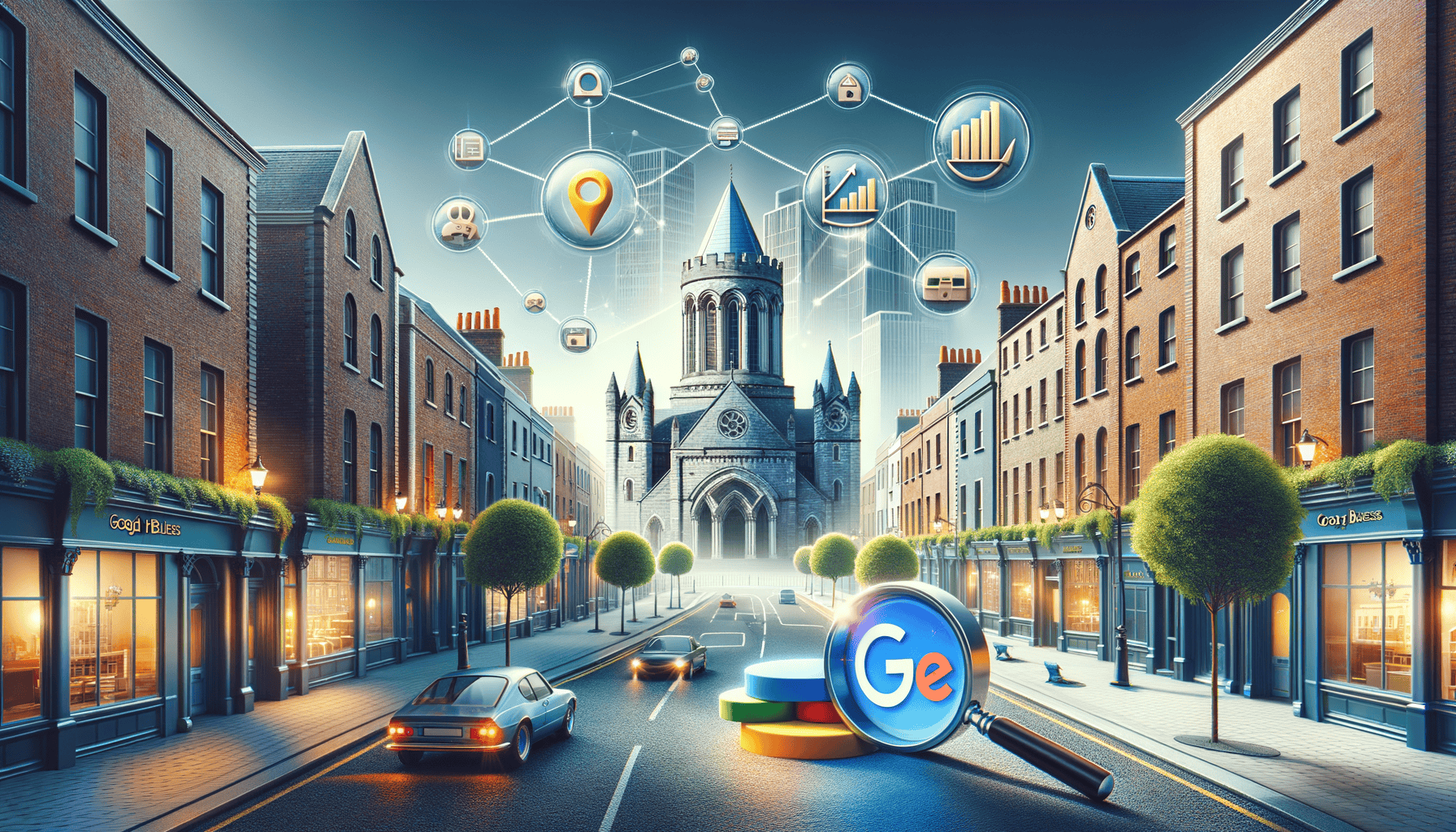Digital cityscape with magnifying glass and data icons.