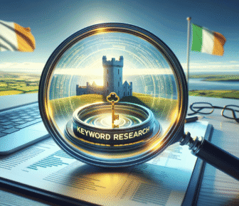 Magnifying glass, keyword research, laptop, Irish landscape.