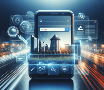 Futuristic smartphone displaying cityscape and digital icons.