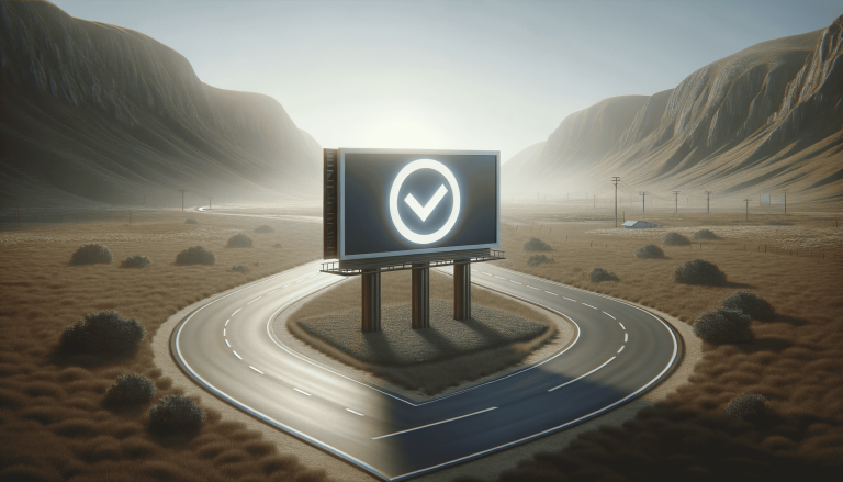Giant checkmark billboard on road in desert valley.