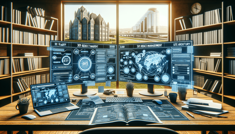 Office desk with advanced tech screens, blueprint, cityscape, bookshelves.