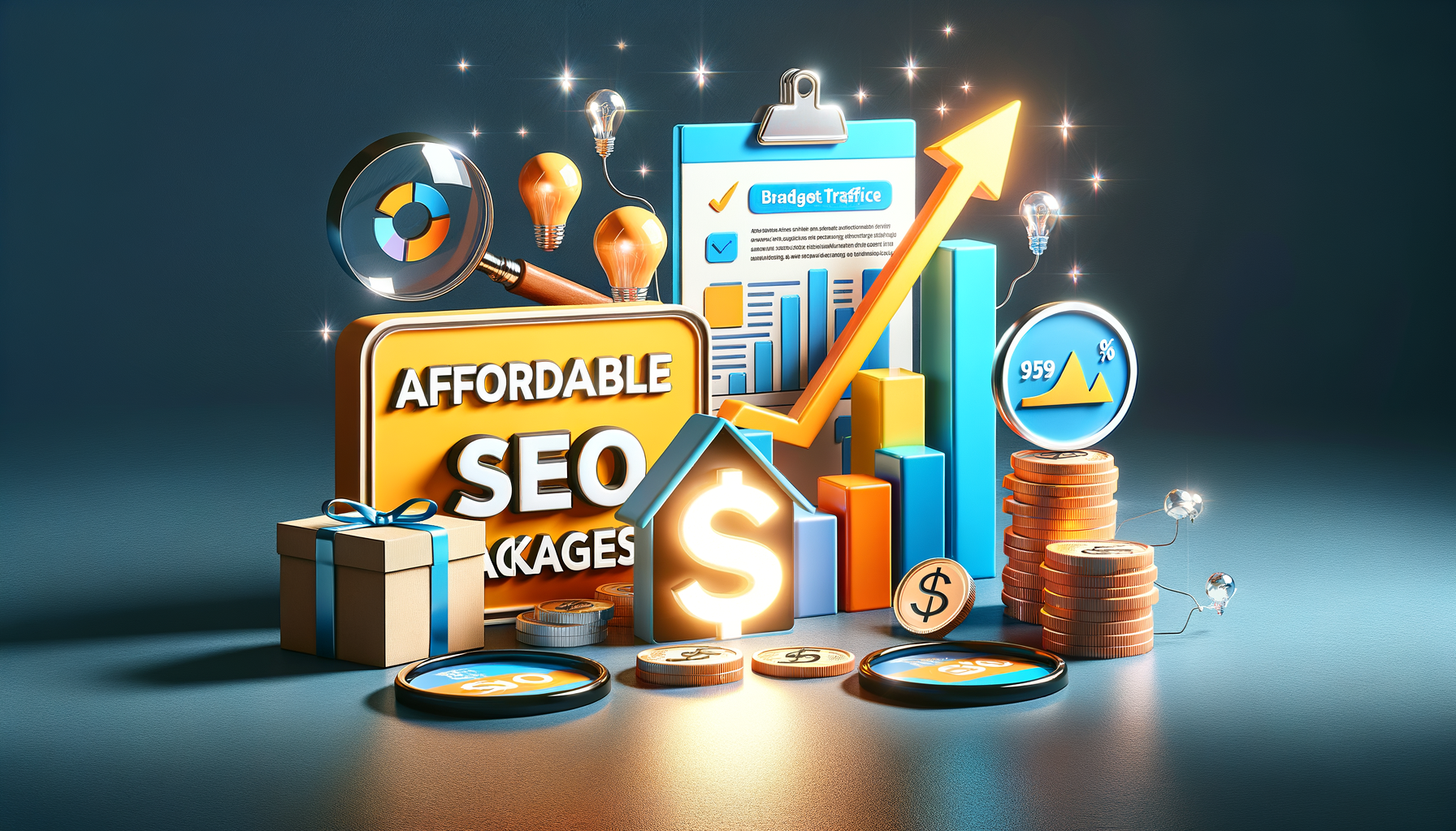 Affordable SEO packages with growth charts and symbols.