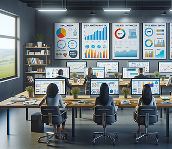 Office workers analysing data on multiple screens.