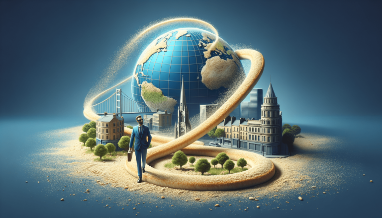 Businessman walking through miniature cityscape, globe, and sandy path.