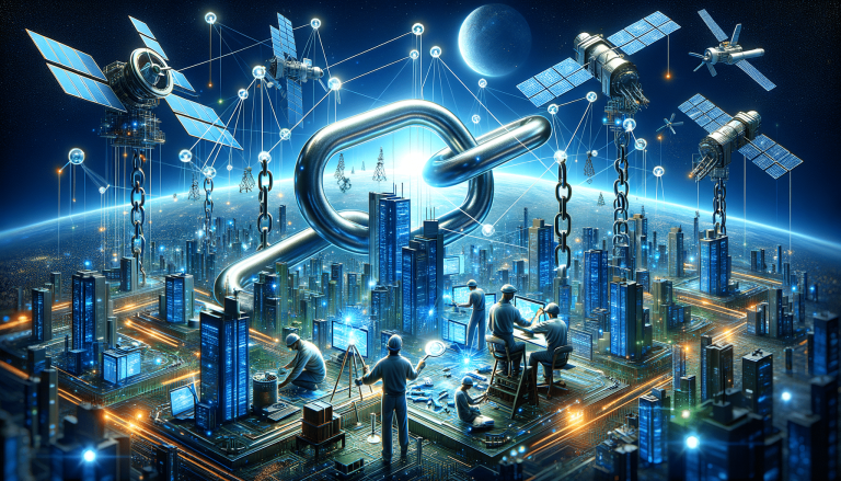 Blockchain network connecting cities, satellites and workers globally.