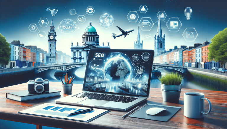 Digital marketing on laptop, Dublin cityscape and icons.