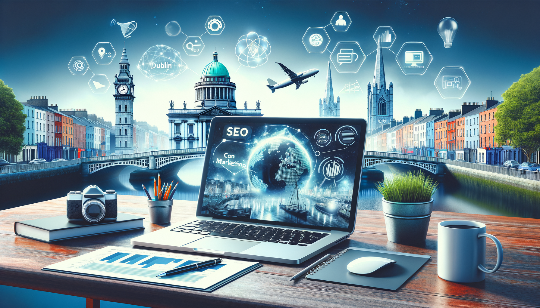 Laptop with SEO graphics overlooking cityscape and river.