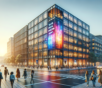 City street with digital marketing agency building.