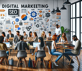 People working collaboratively in digital marketing office.