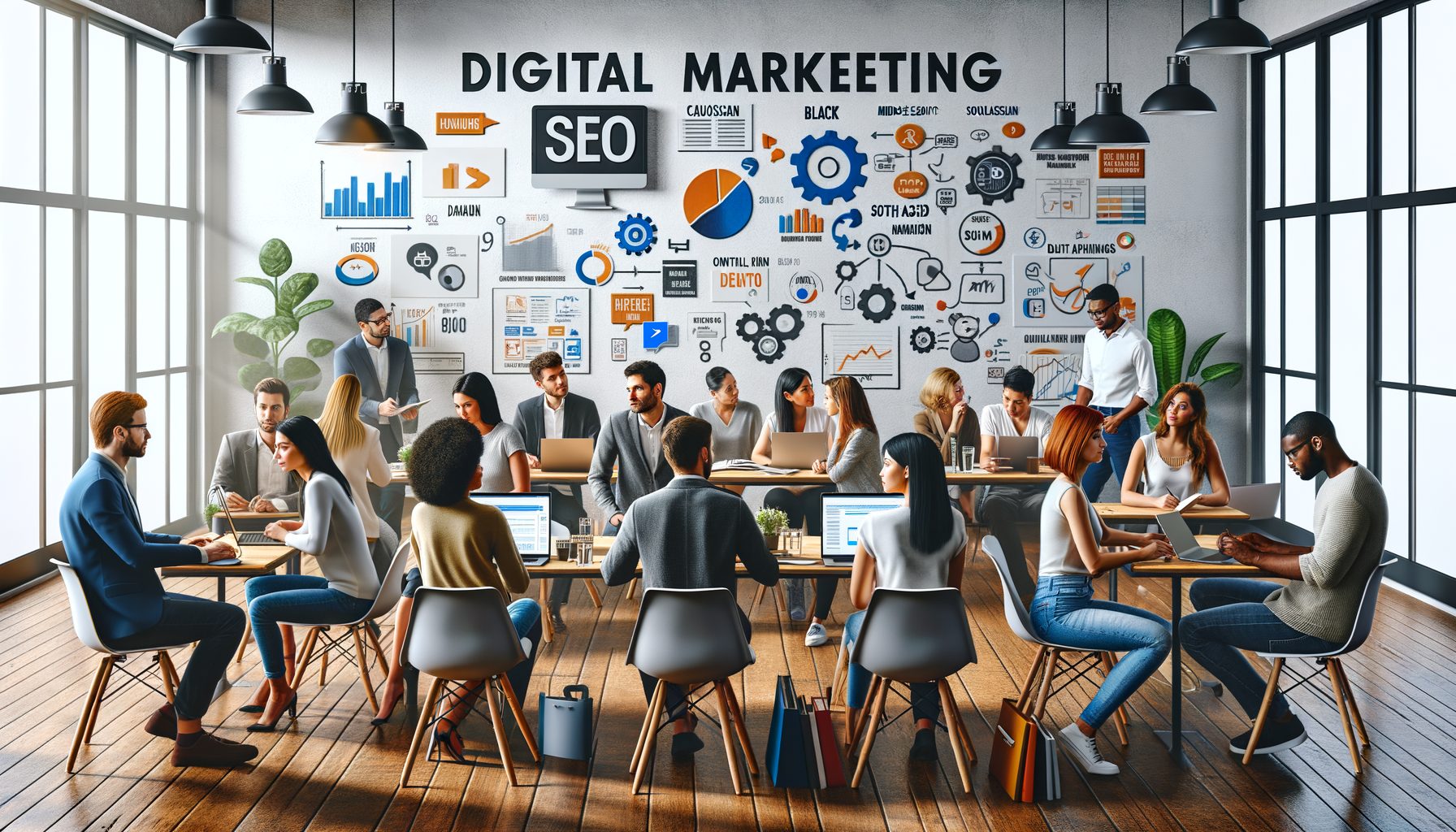 People working collaboratively in digital marketing office.