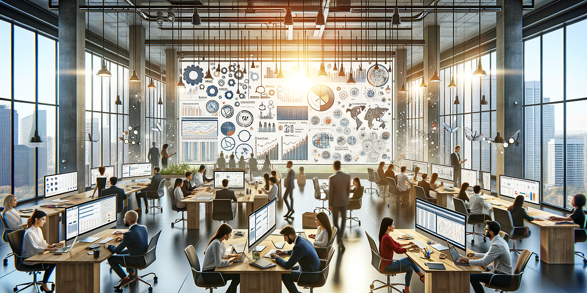 Modern office with employees working on computers.