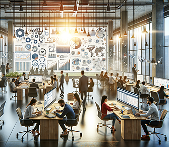 Modern office with employees working on computers.