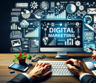 Digital marketing concept with computer and graphics.