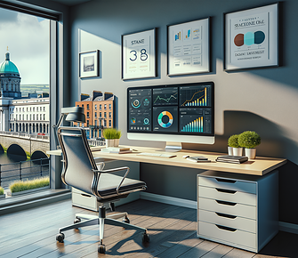 Modern office overlooking river and cityscape