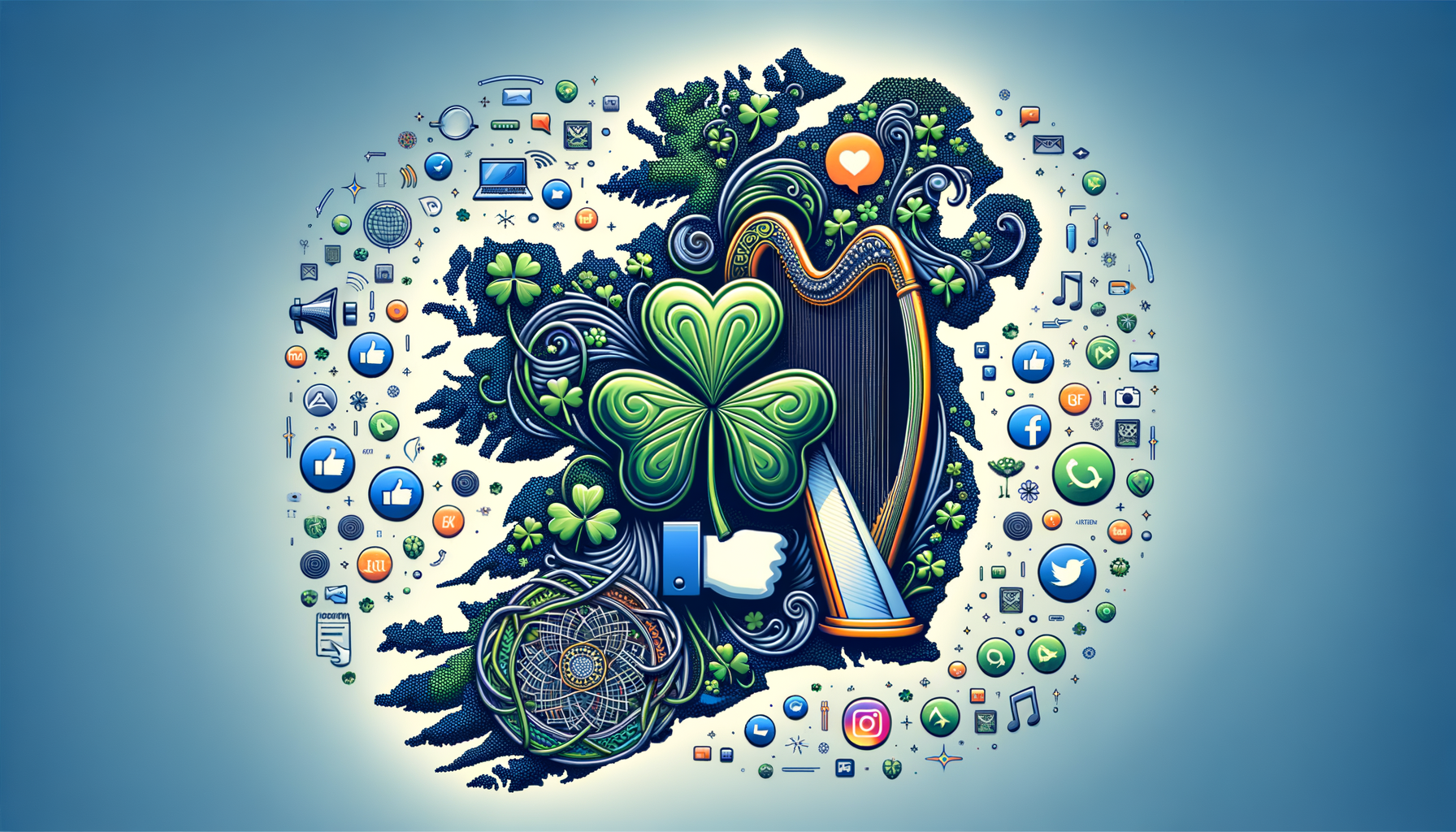 Ireland map with digital icons and shamrocks.