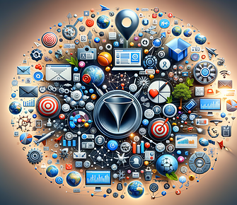 Digital marketing icons forming a globe shape